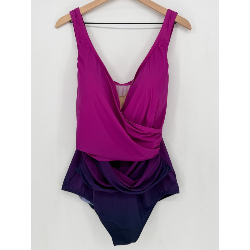 Lands' End One Piece Swimsuit Women 22W Purple Ombre Slendertex Surplice V-Neck